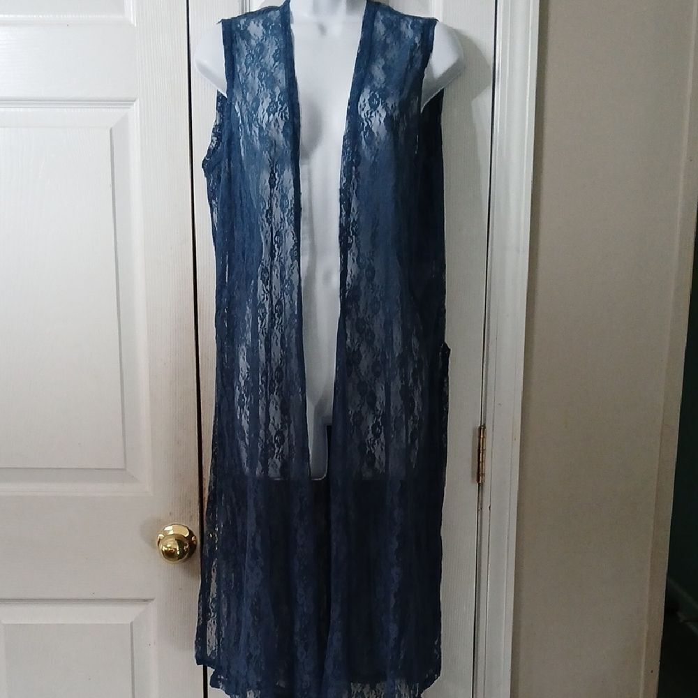 LuLaRoe Joy Cobalt blue lace duster vest Sz M NWOT